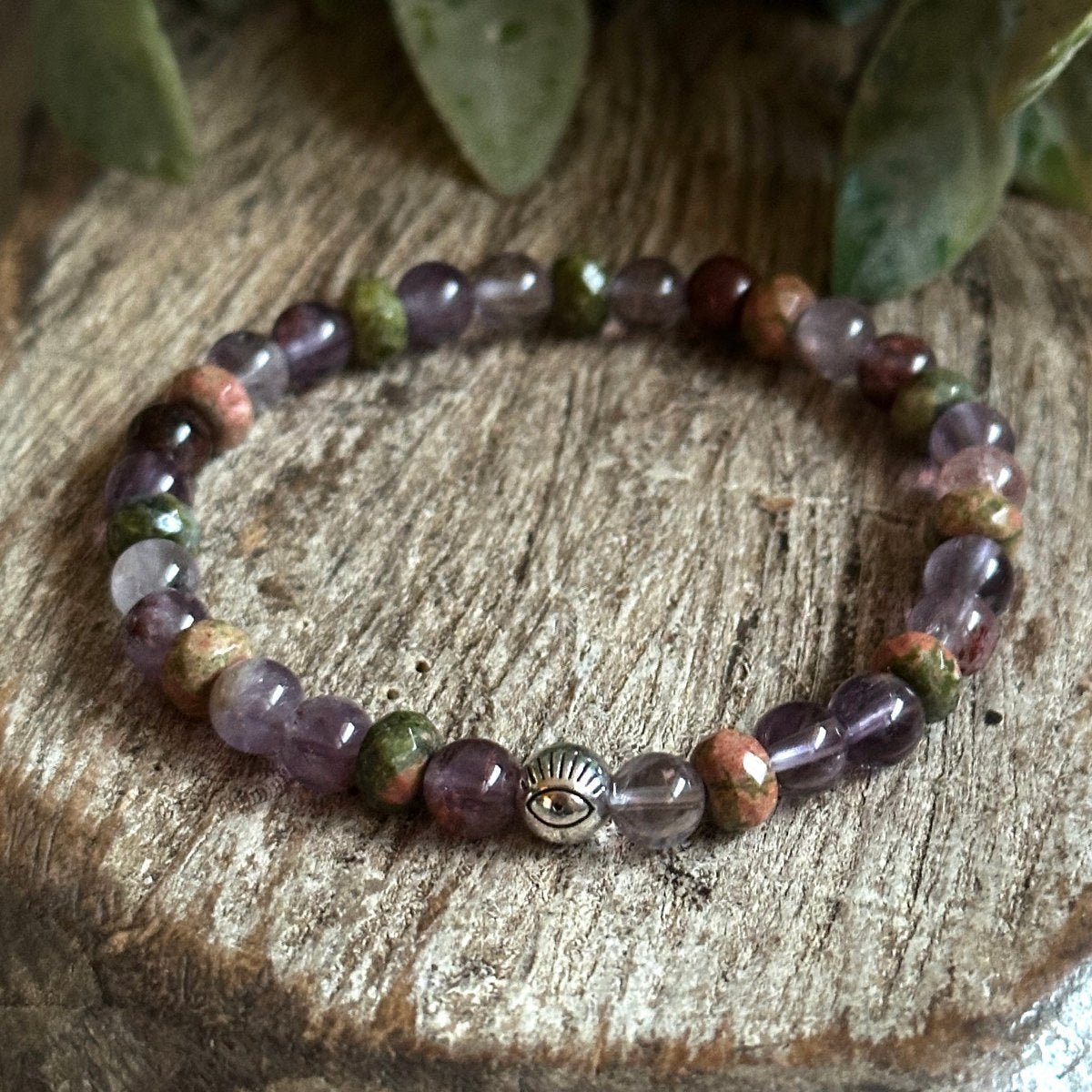 Super 7 and Unakite Gemstone Crystal Beaded Bracelet