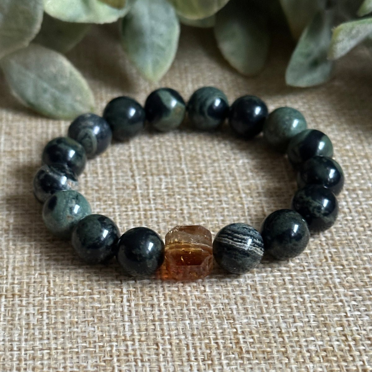 gemstone bracelet for calm and confidence, bronze sun charm crystal bracelet. Heart Chakra, Solar PLexus Bracelet