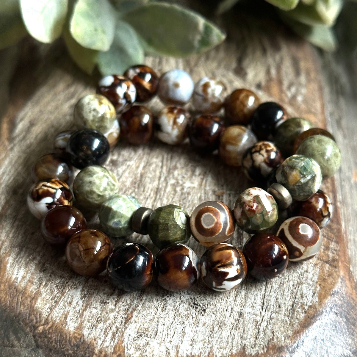 Grounding Bracelet Set with Agate, Rhyolite, Garnet and Evil Eye