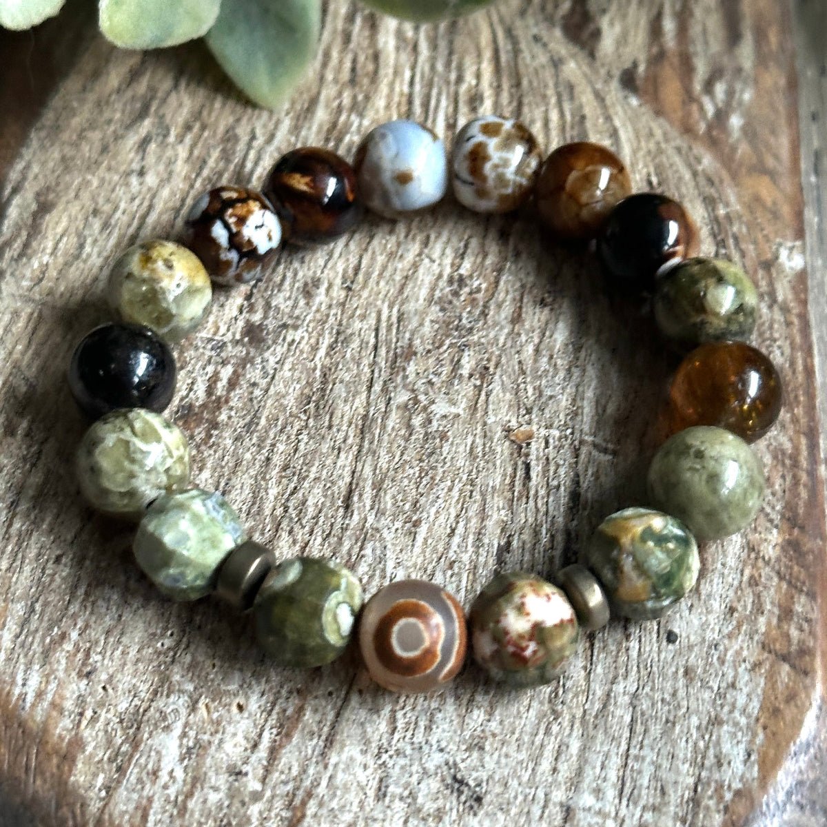 Rhyolite Bracelet with DZI Agate. Handmade in the US