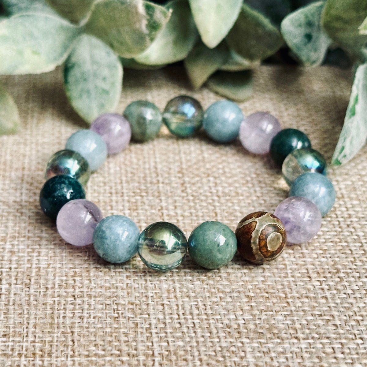 Burmese Jade, Amethyst and Moss Agate Boho Bracelet