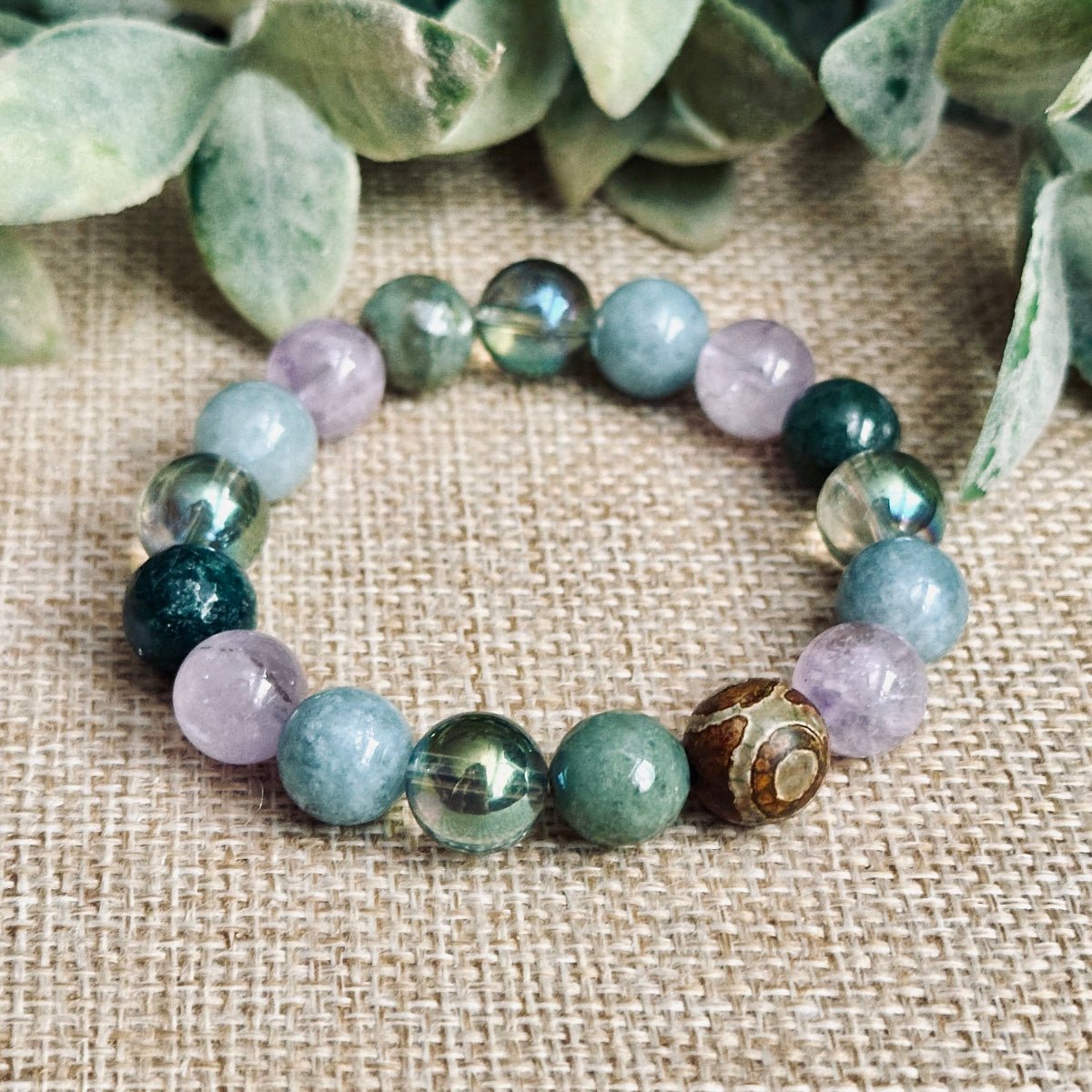 Burmese Jade, Amethyst and Moss Agate Beaded Statement Bracelet