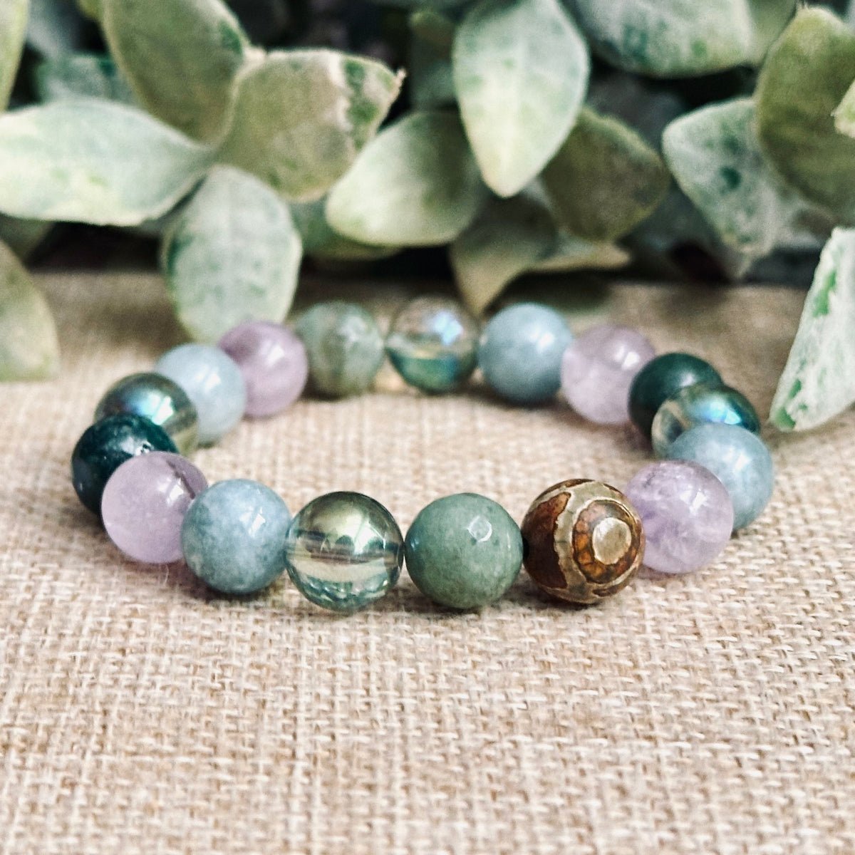Burmese Jade, Amethyst and Moss Agate Boho Bracelet