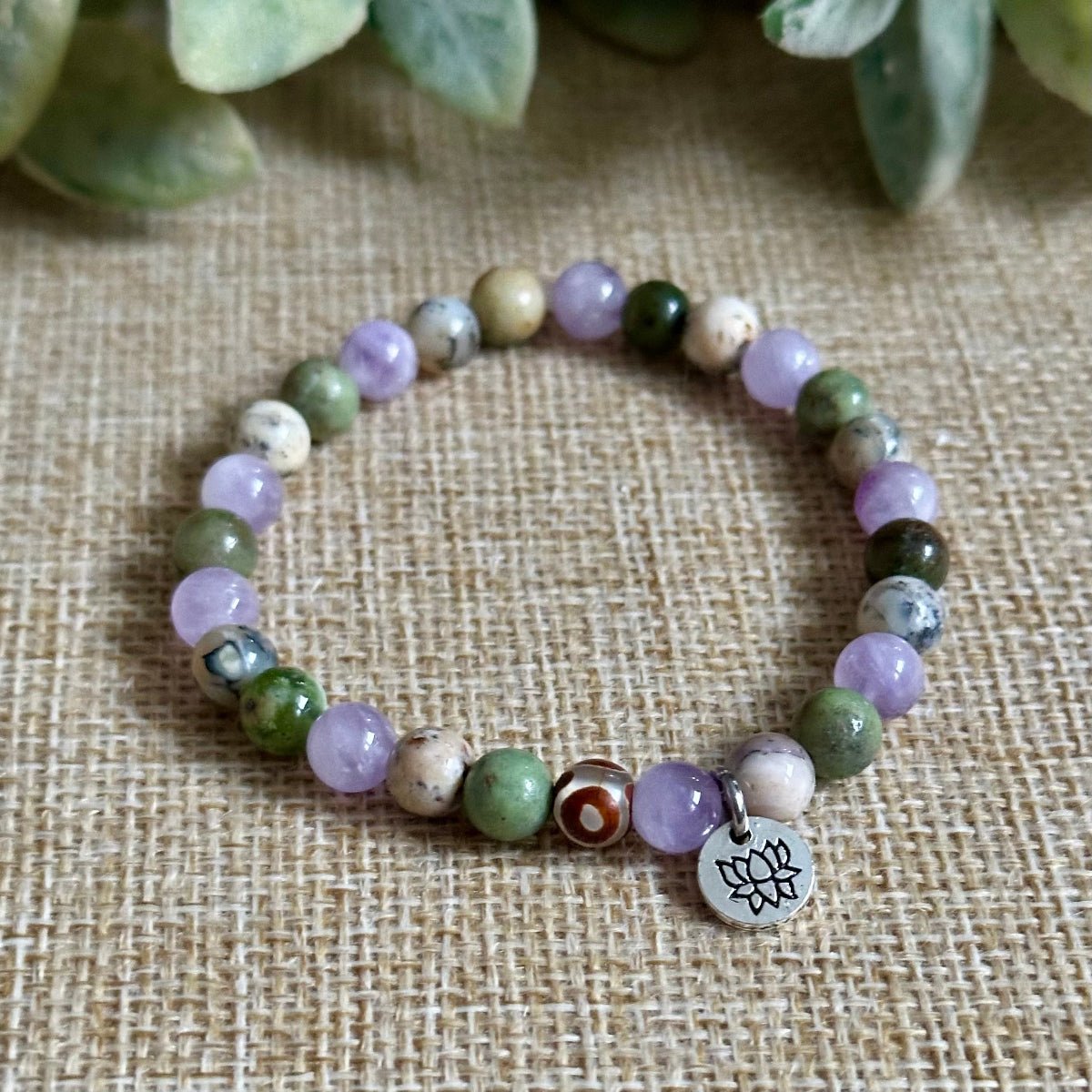 New beginnings gemstone bracelet with lotus charm and dendritic opal stones