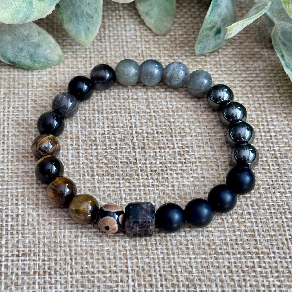 Matte Black Onyx and Silver Sheen Obsidian bracelet with DZI Agate charm