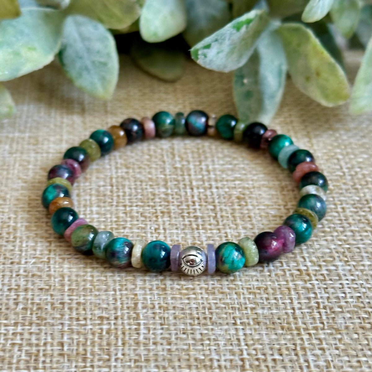 Peacock tiger eye bracelet with colorful tourmaline heishi beads