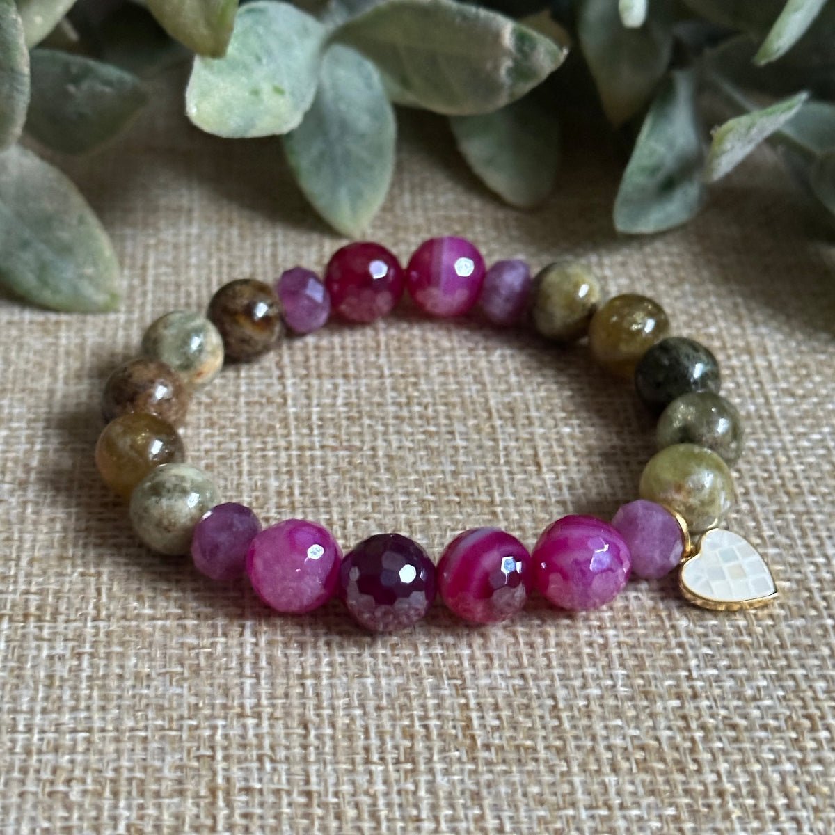 Tsavorite, Mystic Pink Agate and Tourmaline Love Bracelet with Heart Charm