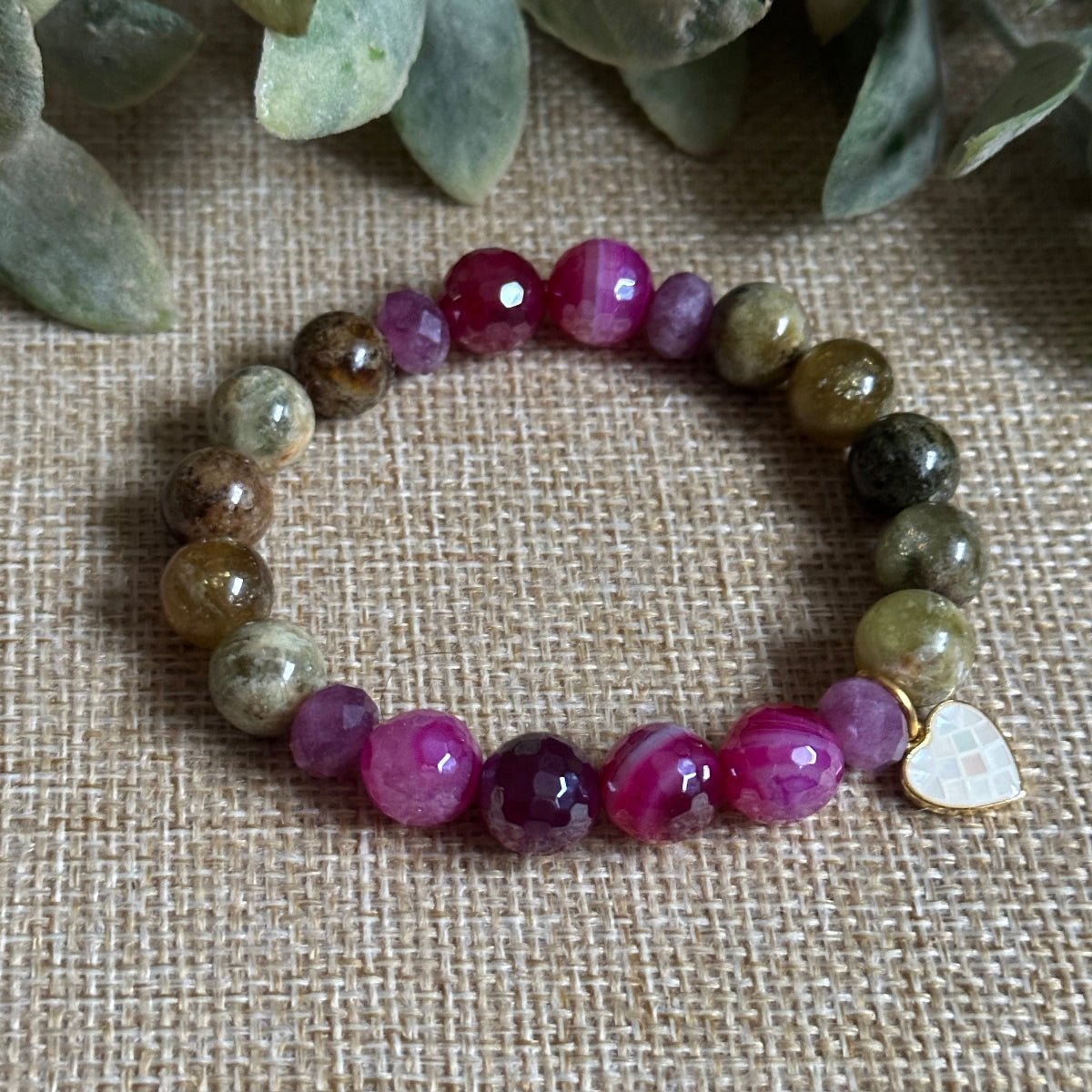 Tsavorite Bracelet for Love with Mother of Pearl Heart Charm. Heart Chakra Bracelet