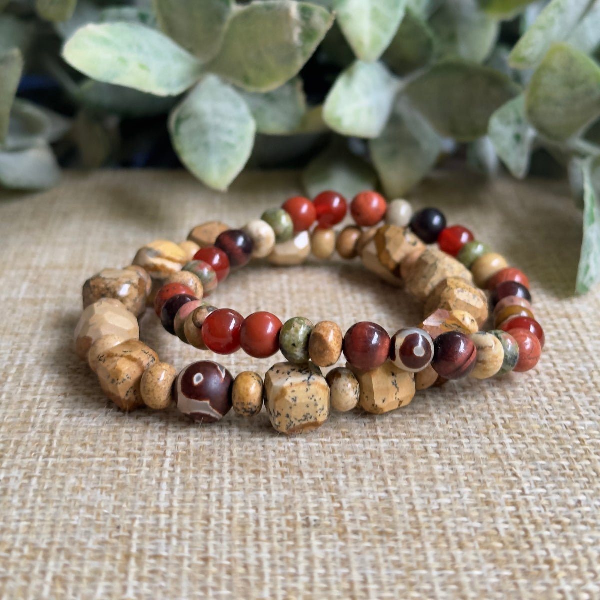  Genuine picture jasper stone bracelet styled with earth-toned jewelry pieces
