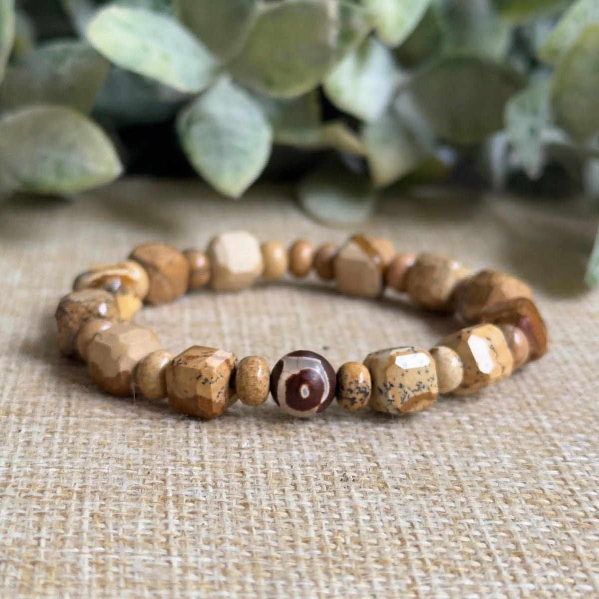 Natural picture jasper beaded stretch bracelet showcasing unique landscape patterns
