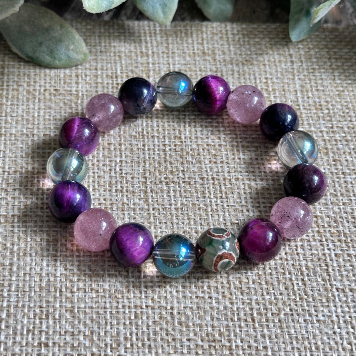 strawberry quartz, and DZI agate Bracelet for Celestial Energy and Love