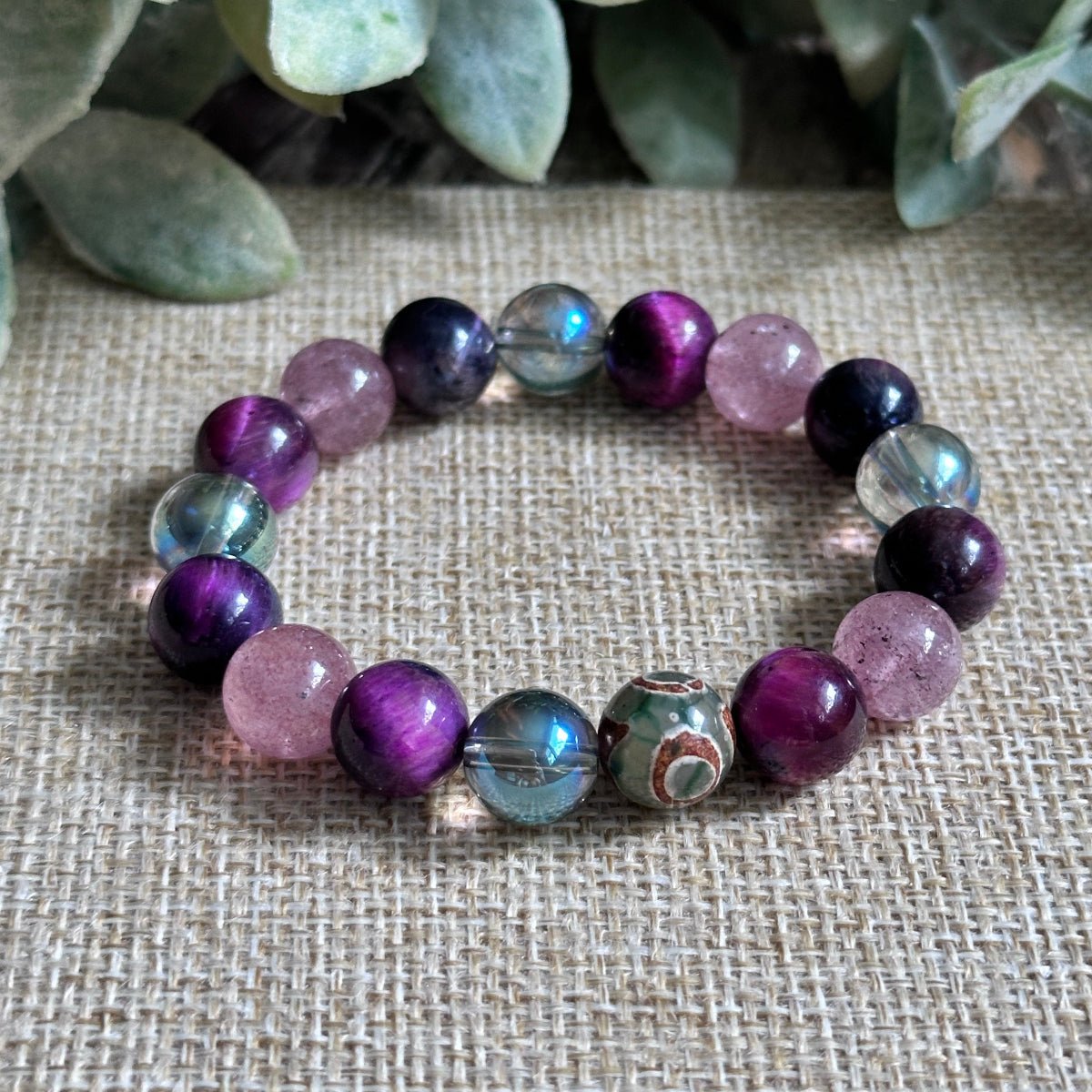 Pink Nebula Celestial Bloom gemstone bracelet with aura quartz, pink galaxy tiger’s eye
