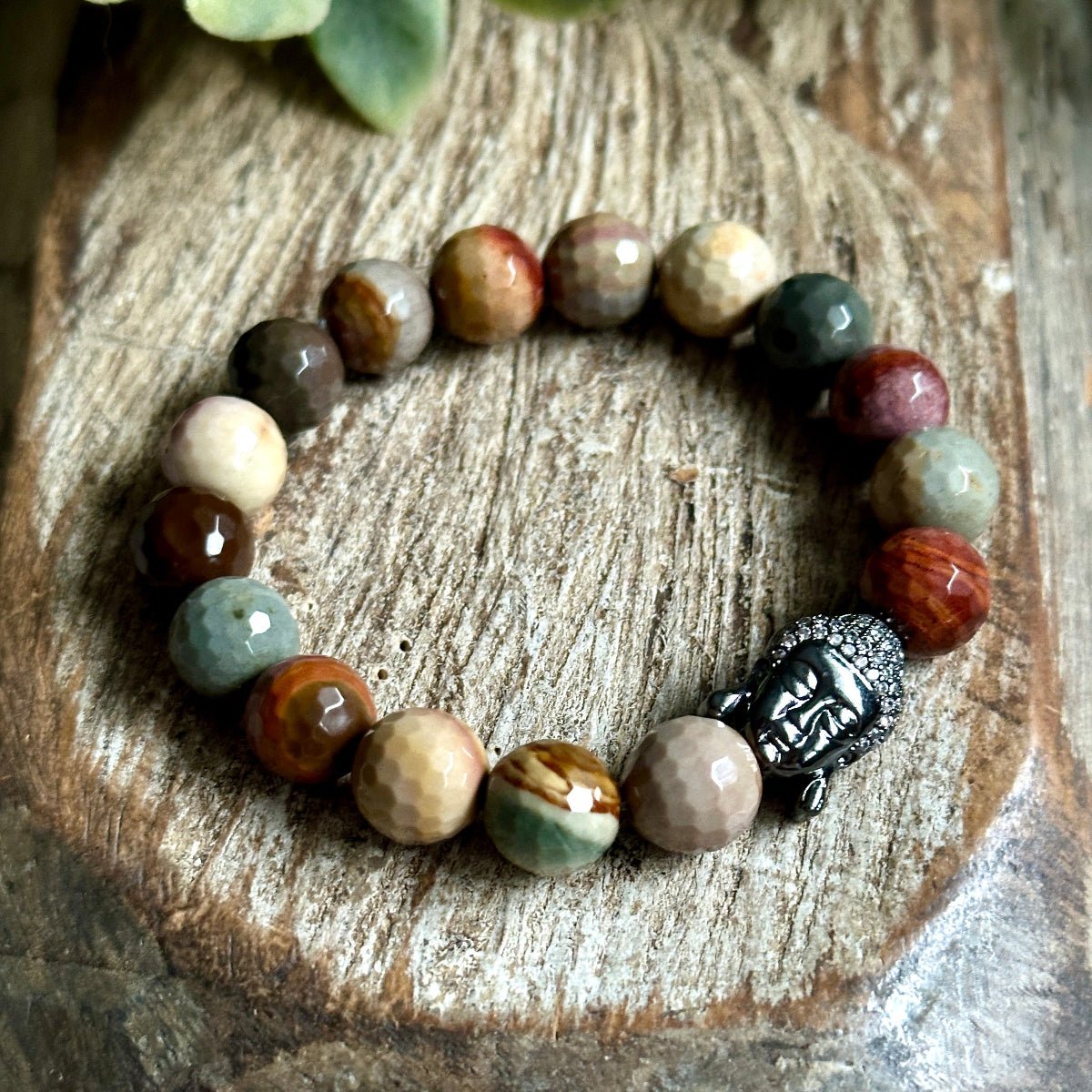 Spiritual Bracelet with Polychrome Jasper (picasso jasper) stones and Buddha