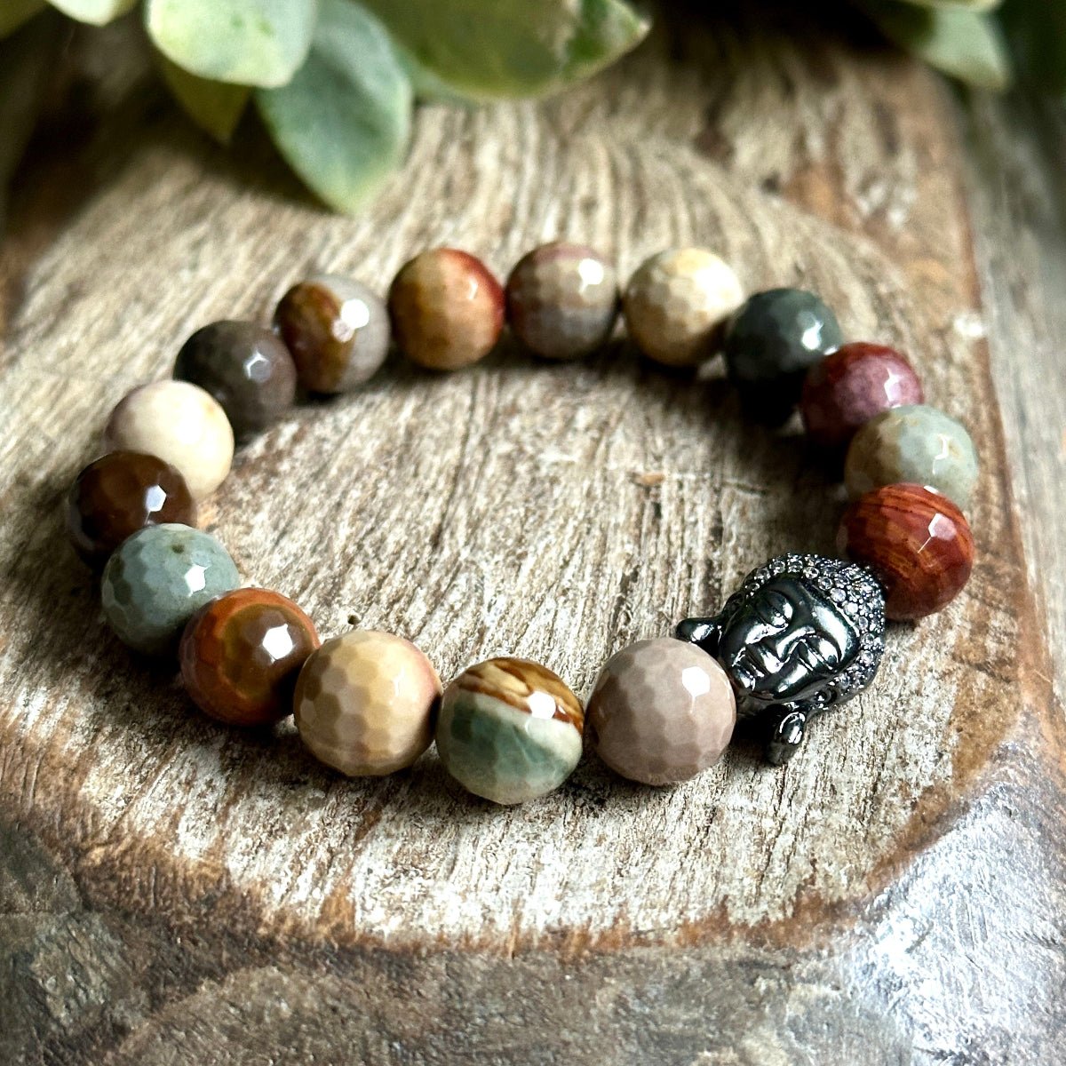 Polychrome Jasper bracelet with Pave Buddha bead. For growth and balance.