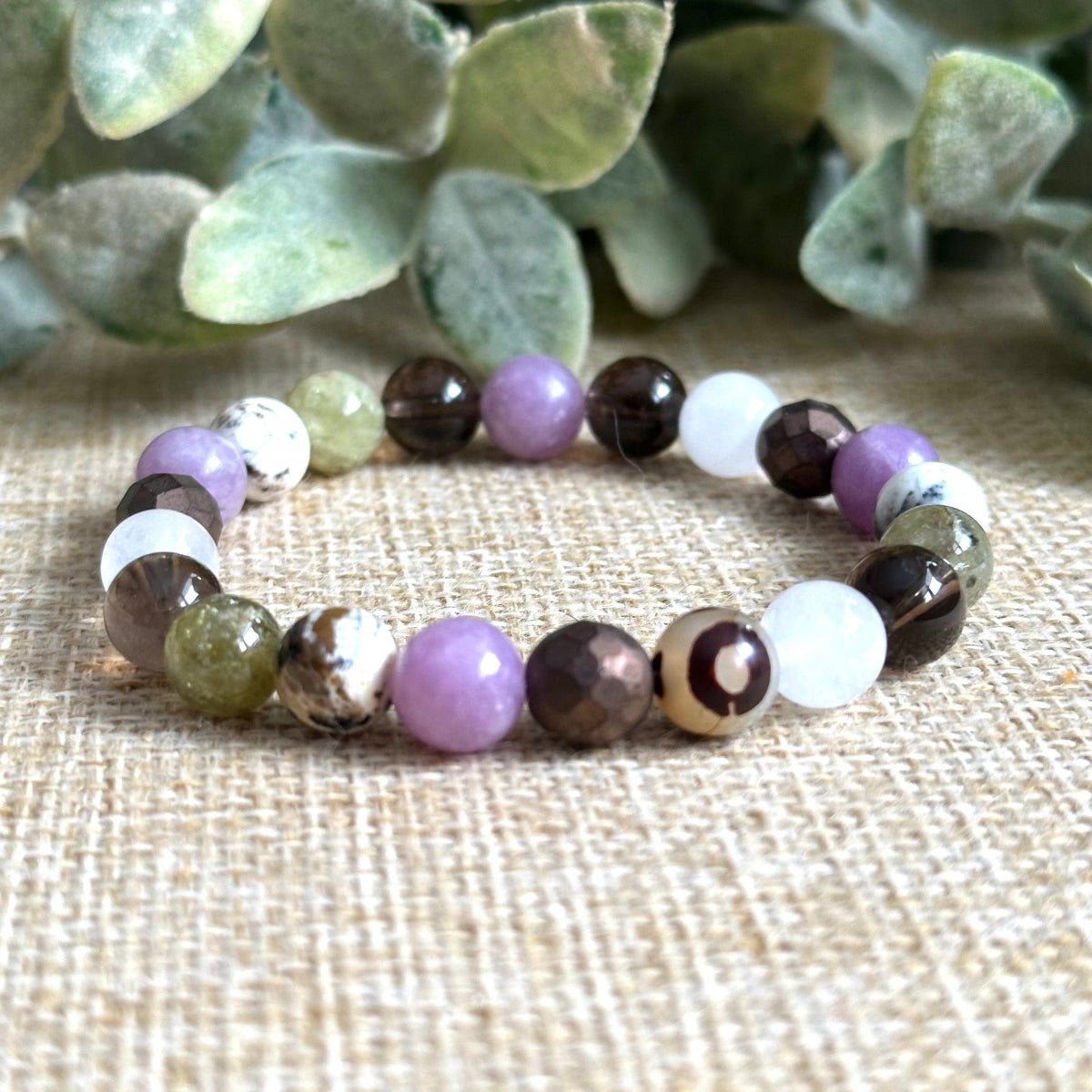 postpartum recovery bracelet with moonstone lepidolite smoky quartz gemstones