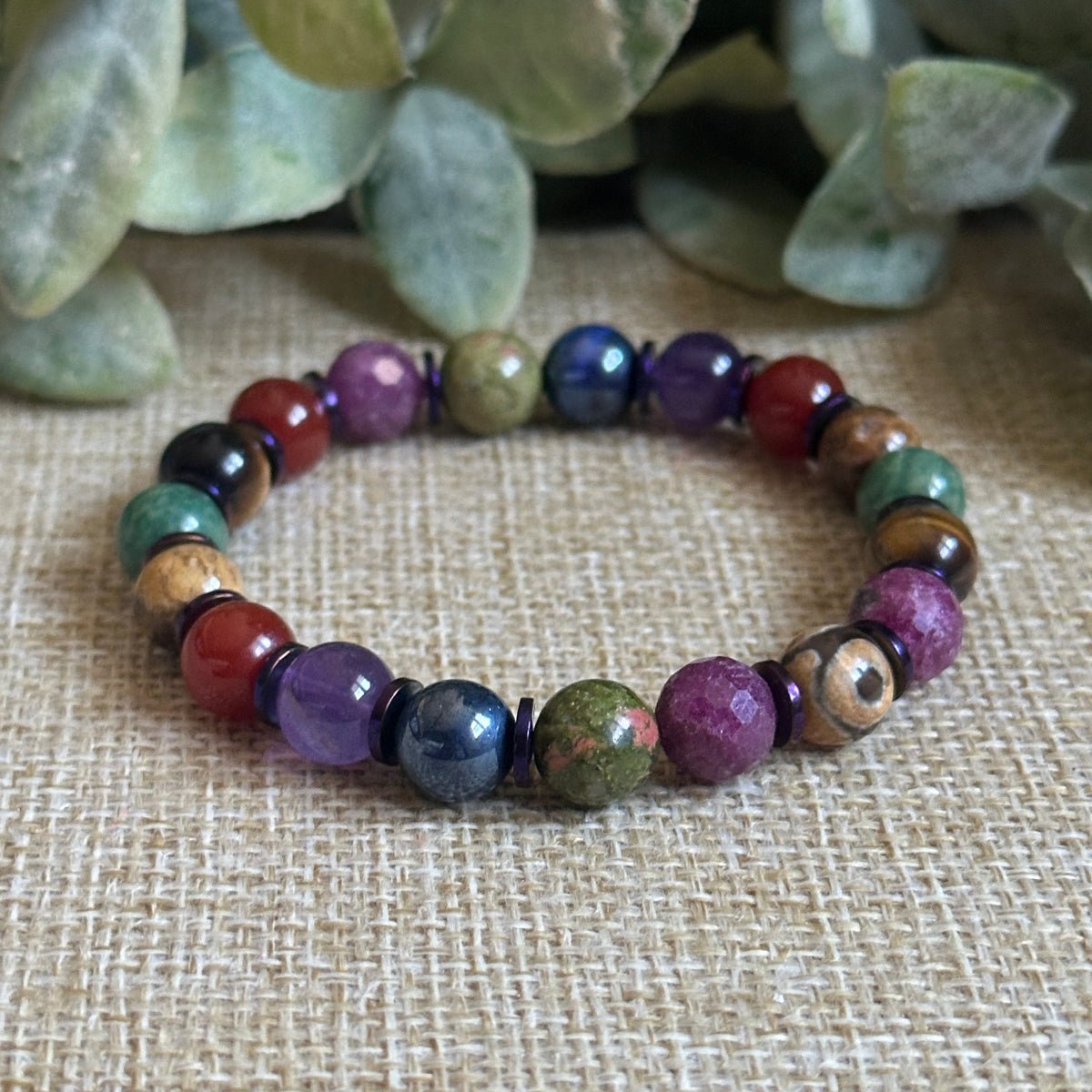 Unique handmade Modern chakra bracelet with violet hematite spacers