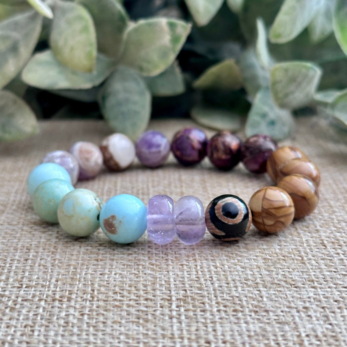 10mm Amethyst Turquoise Lepidolite Bronzite Jasper Bracelet