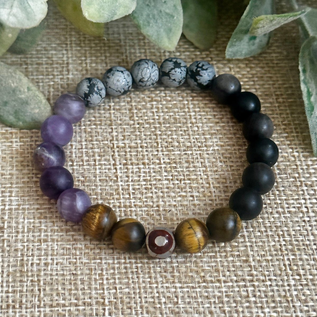 Rock Steady Energy Bracelet with Silver Sheen Obsidian and DZI Agate
