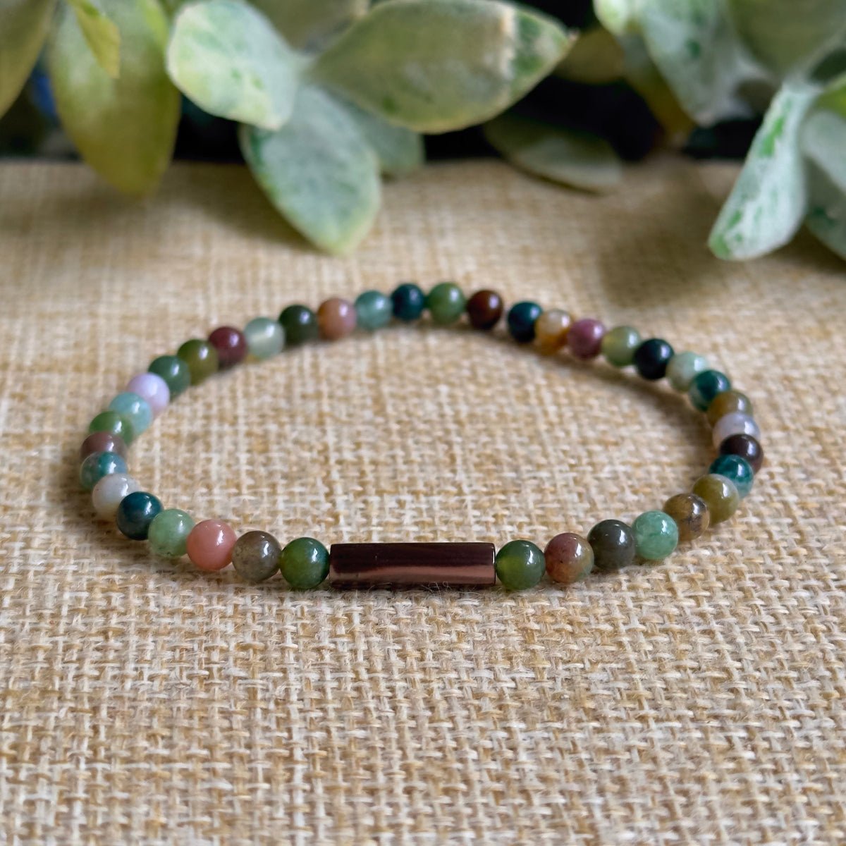boho earth-tone Indian Agate gemstone stretch bracelet for grounding and stress relief.