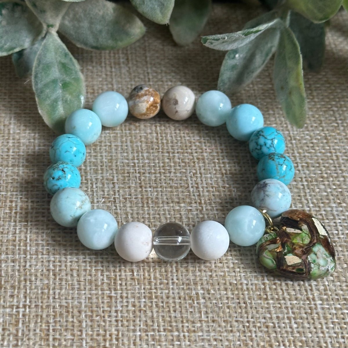 coastal inspired turquoise gemstone bracelet with heart pendant option. Crystal Beach Bracelet