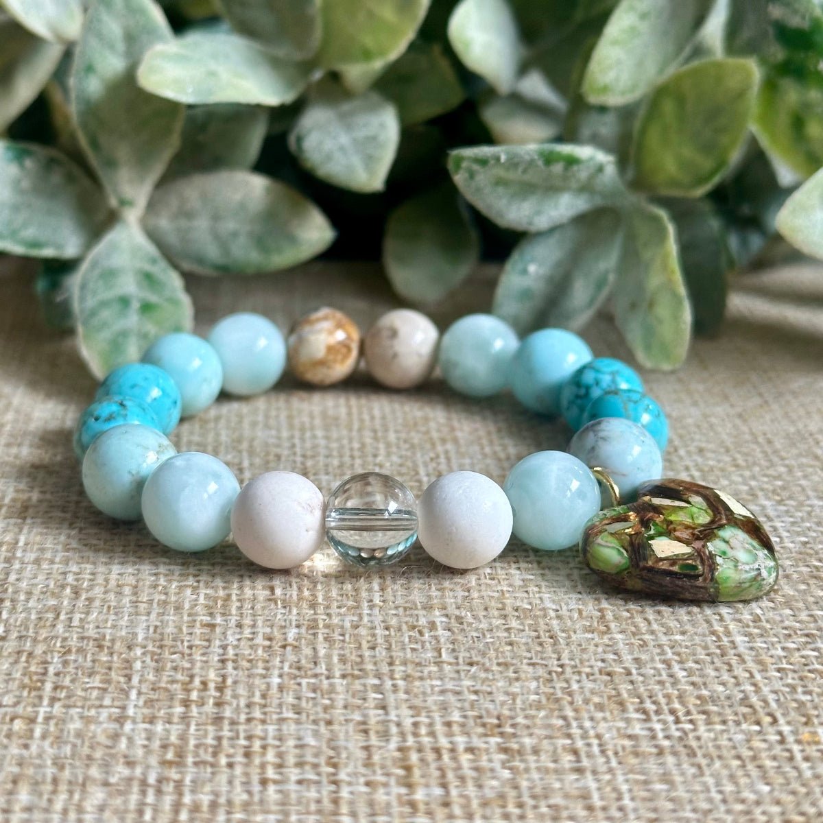 sea glass gemstone bracelet turquoise moonstone 10mm. Beach Bracelet with Heart Charm