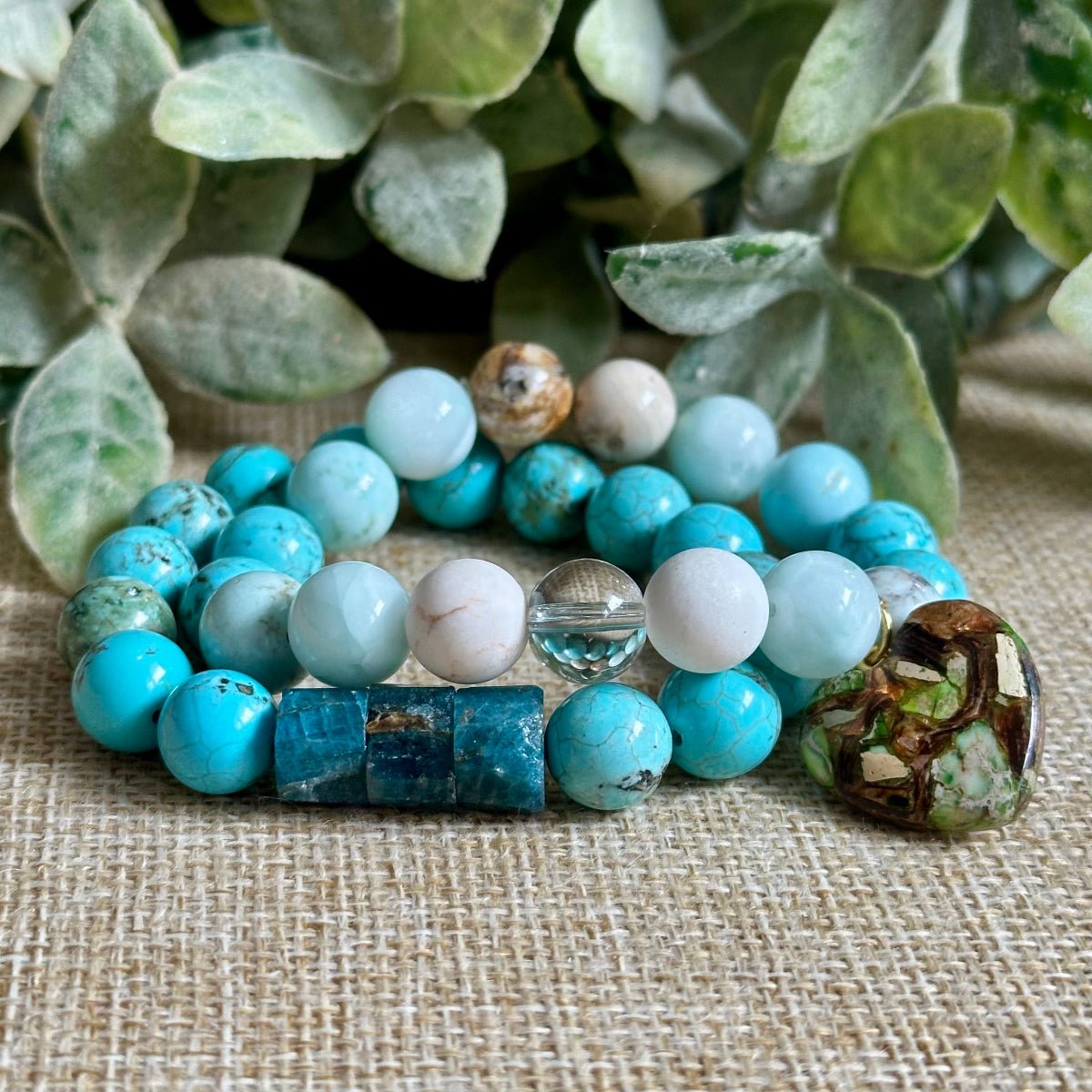 stackable turquoise bracelet with dendritic opal and quartz