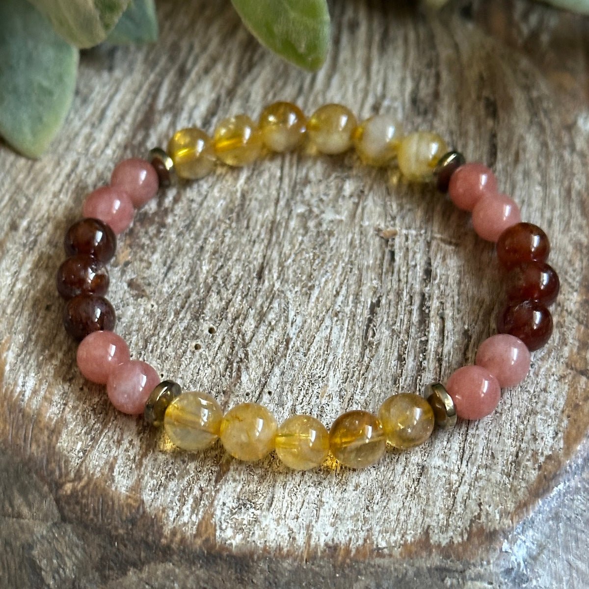 Gemstone Bracelet with CItrine, Garnet and Peach Moonstone for Joy, Abundance, and personal Growth.