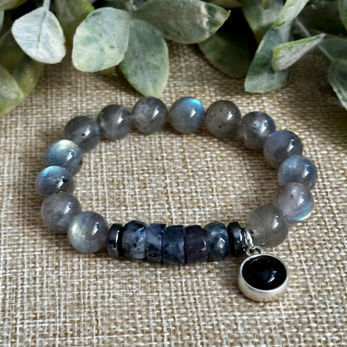 Bold Larvikite and Hematite Chunky Stone Bracelet for Balance and Protection