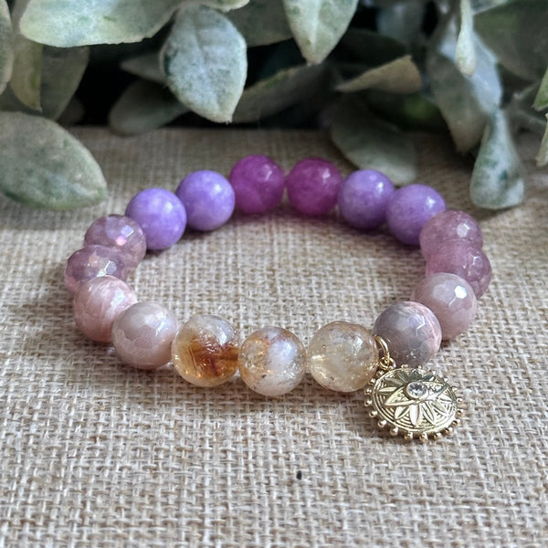 Solar Bloom bracelet with Citrine, Mystic Sunstone, Mystic Strawberry Quartz, Lavender Jade, and bright Pink Agate for joy, confidence, and love energy