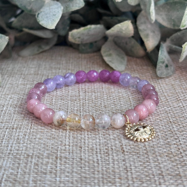 Citrine ~ Sunstone ~ Strawberry Quartz ~ Lavender Jade ~ Pink Agate

Manifestation, Abundance, Personal Power, Joy, Vitality, Heart Healing, Romantic Optimism, Inner Peace, Emotional Release, Confidence, Expression, Grounding