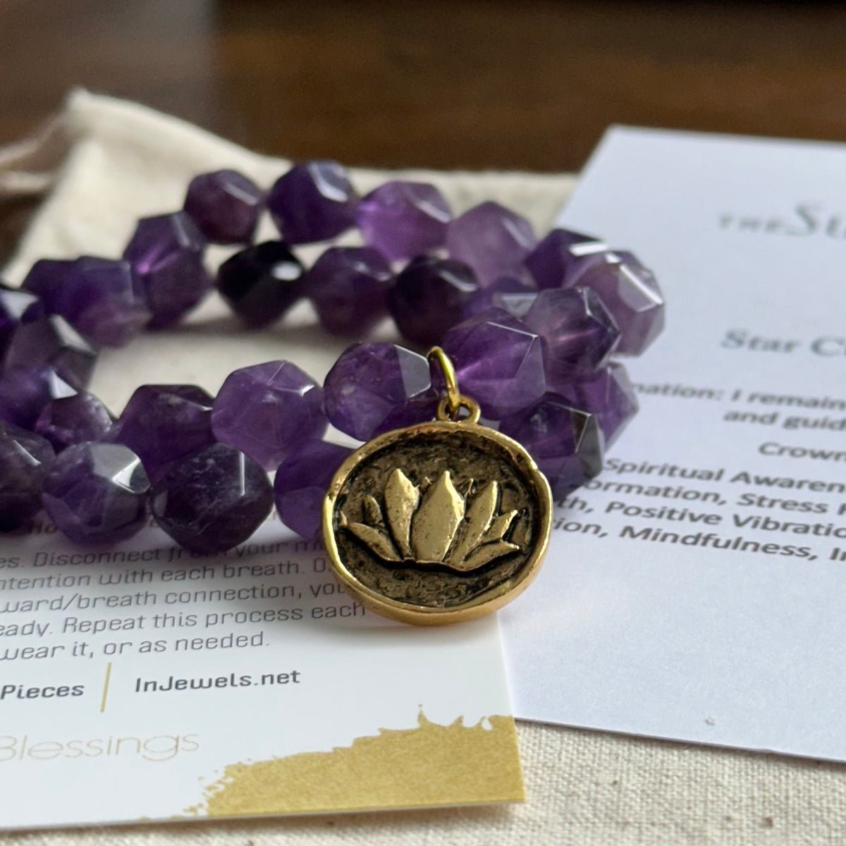 Star Cut Amethyst Chunky Bracelet with Gold Lotus Charm