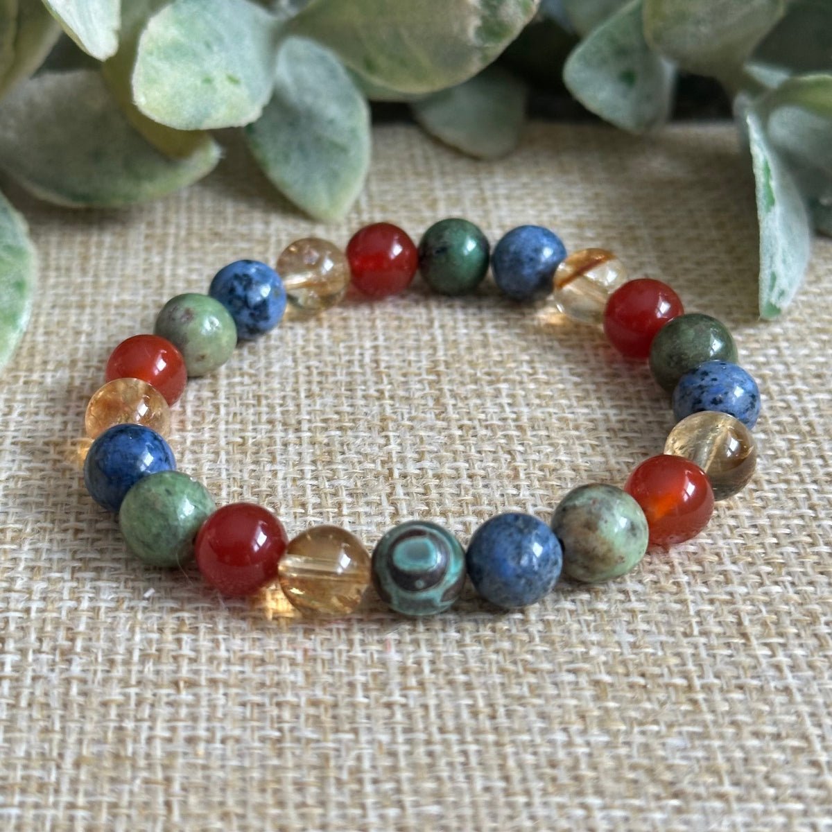 dumortierite green opal citrine carnelian bracelet
four elements intention jewelry with dzi agate
