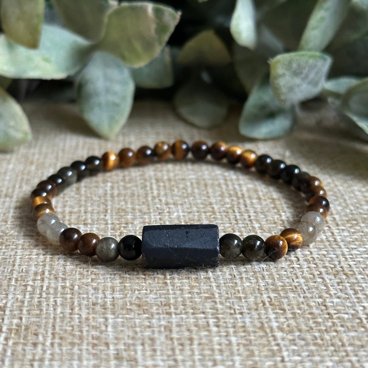 4mm Raw Black Tourmaline Mini Protection Bracelet. Stone Beaded Protection Bracelet for Men