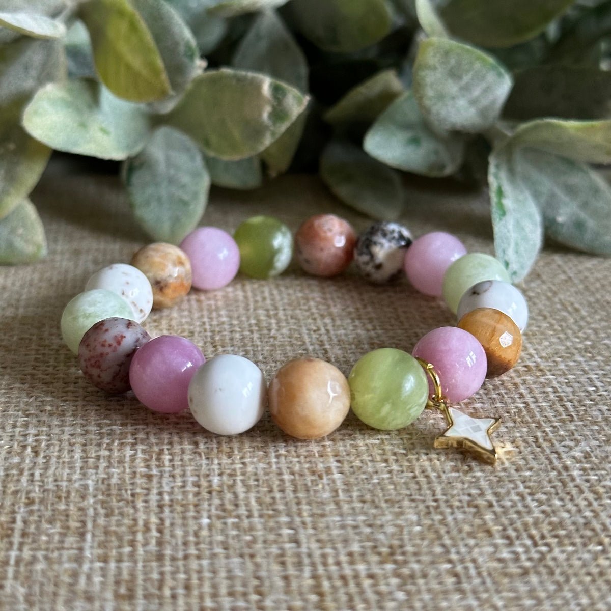 True North gemstone bracelet with Mother of Pearl north star charm for emotional balance and grounding