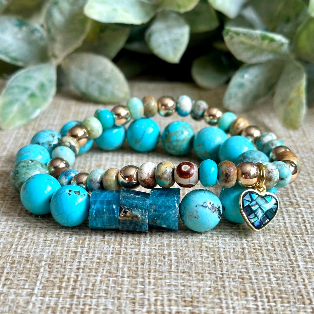 turquoise gold bracelet with abalone heart charm meaningful jewelry
earth tone turquoise gemstone bracelet gold hematite spacers stackable