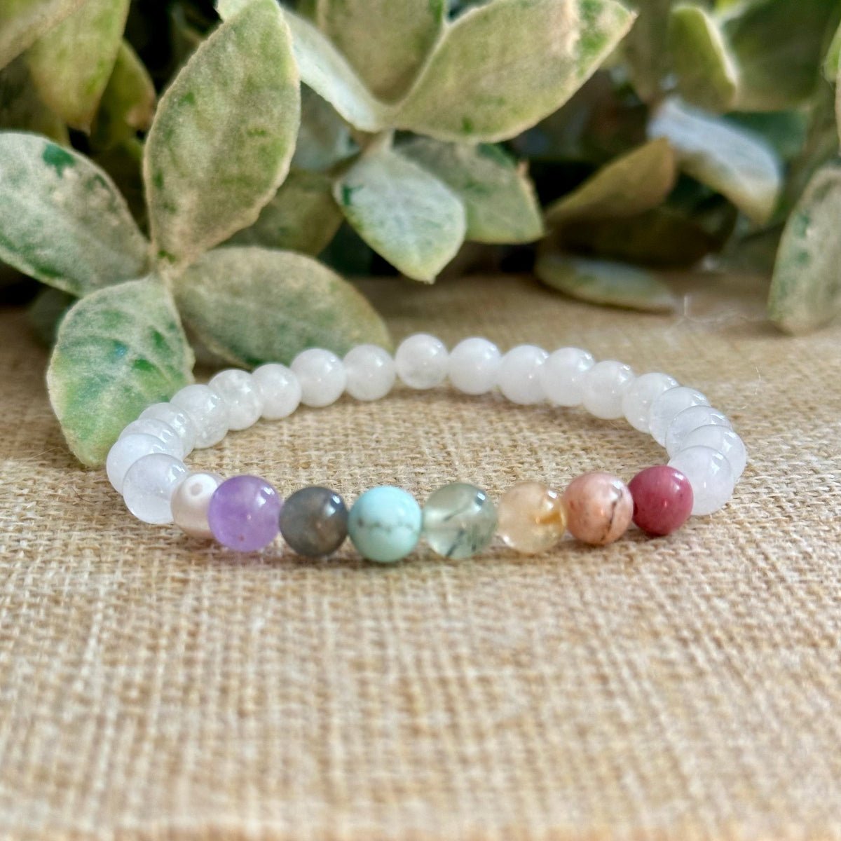 White Light Chakra Bracelet with White Jade and chakra gemstones in 6mm stones