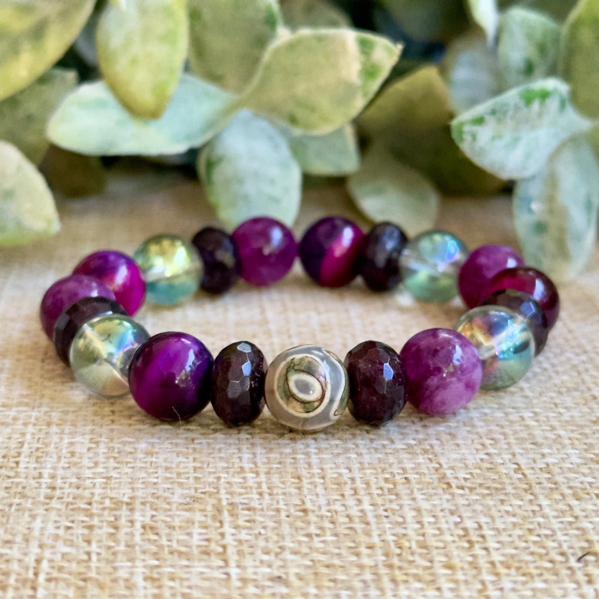 Wild & Free gemstone bracelet with Pink Tiger Eye, Lepidolite, Garnet and Ocean Aura Quartz