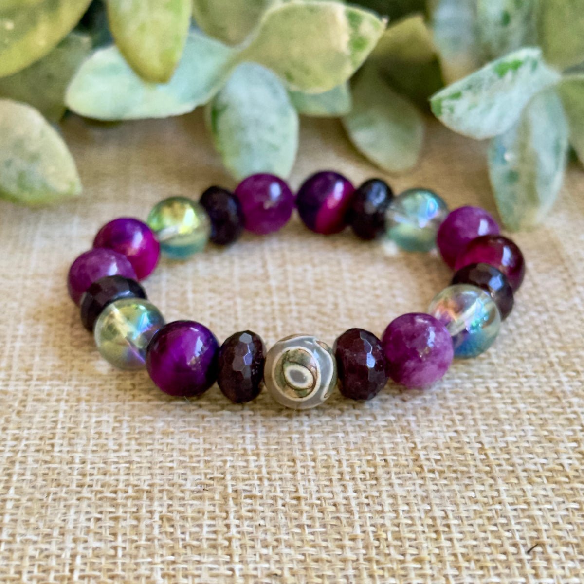 Pink gemstone bracelet for self confidence, courage, passion and personal power with Evil Eye Bracelet
