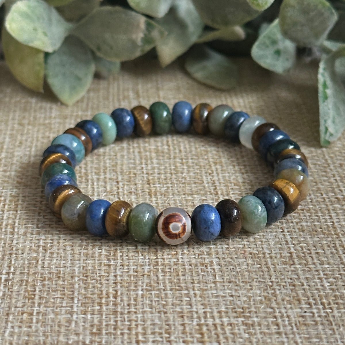 Wise Soul gemstone bracelet with Tiger’s Eye, Indian Agate, and Dumortierite. Crystal Bracelet for Men