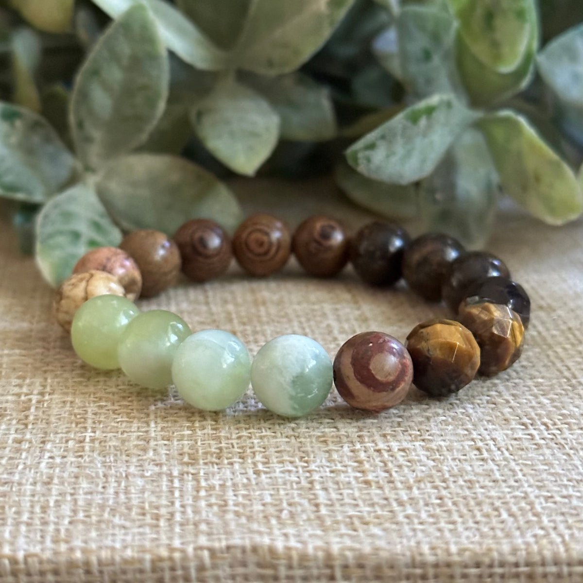 Earthy gemstone bracelet with Tiger Eye Bronzite Picture Jasper and Serpentine Jade
Woodland Energy bracelet with natural gemstones and optional DZI Agate